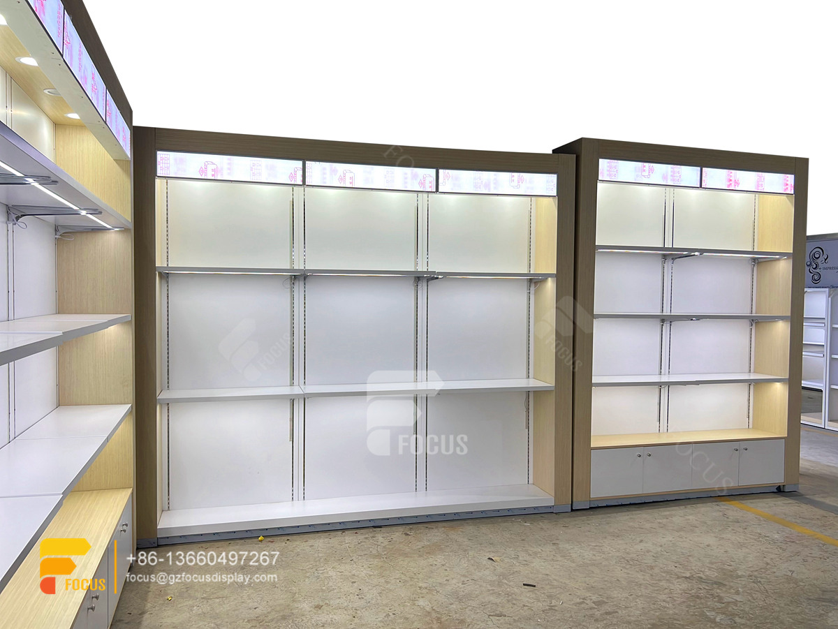 costum hair store design wig display shelf slatwall stand