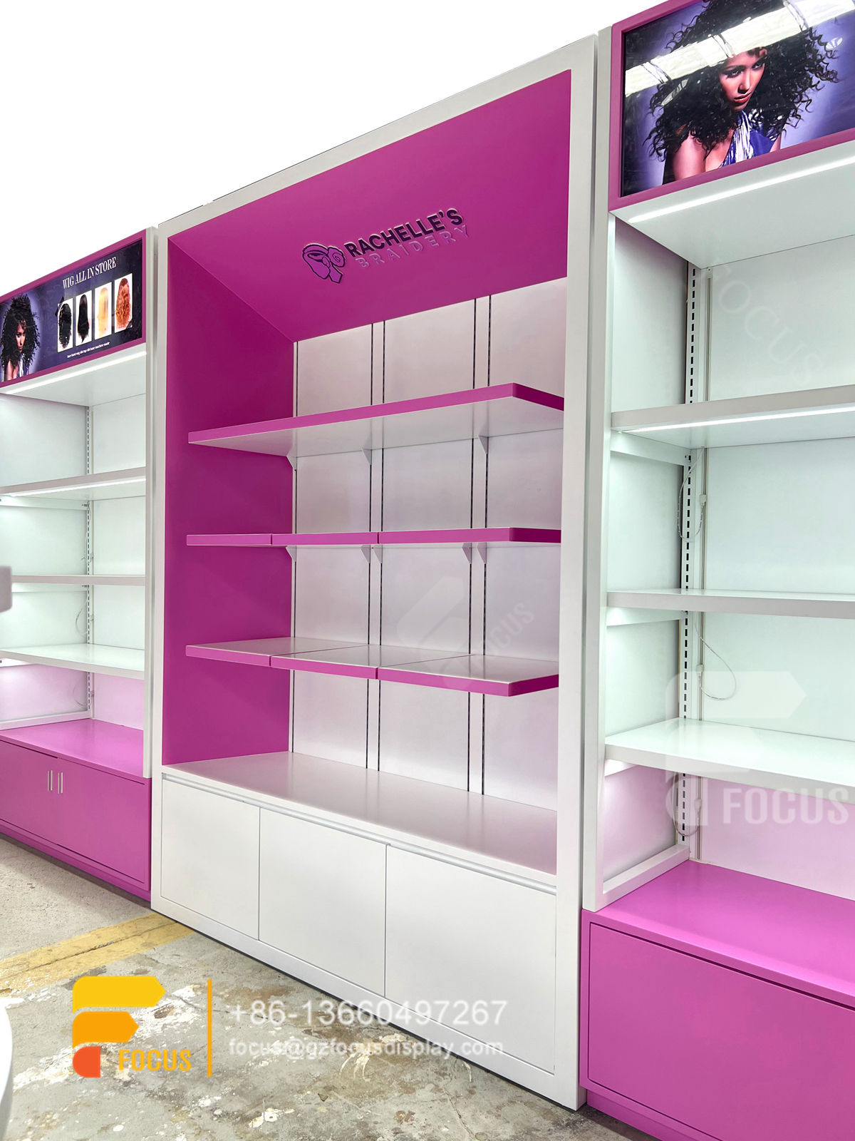 custom hair showcase wig display shelf beauty shop design