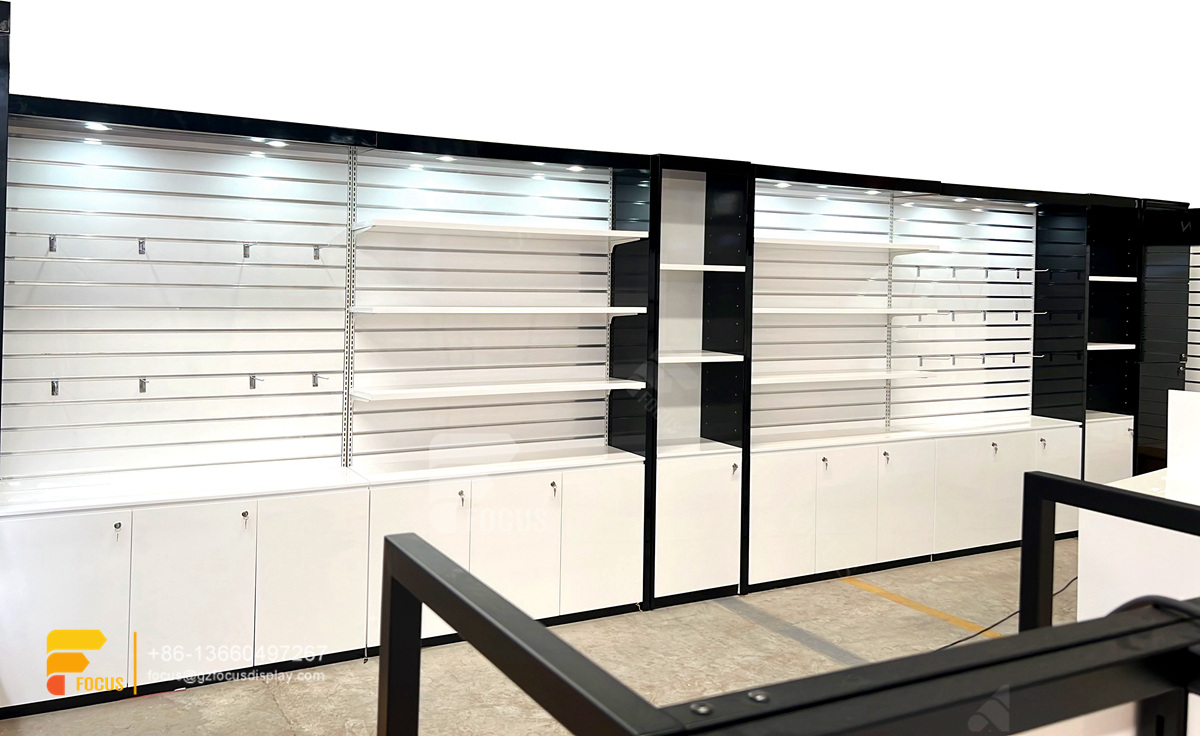 custom shop wigs hair display shelvesss slatwall cabinets