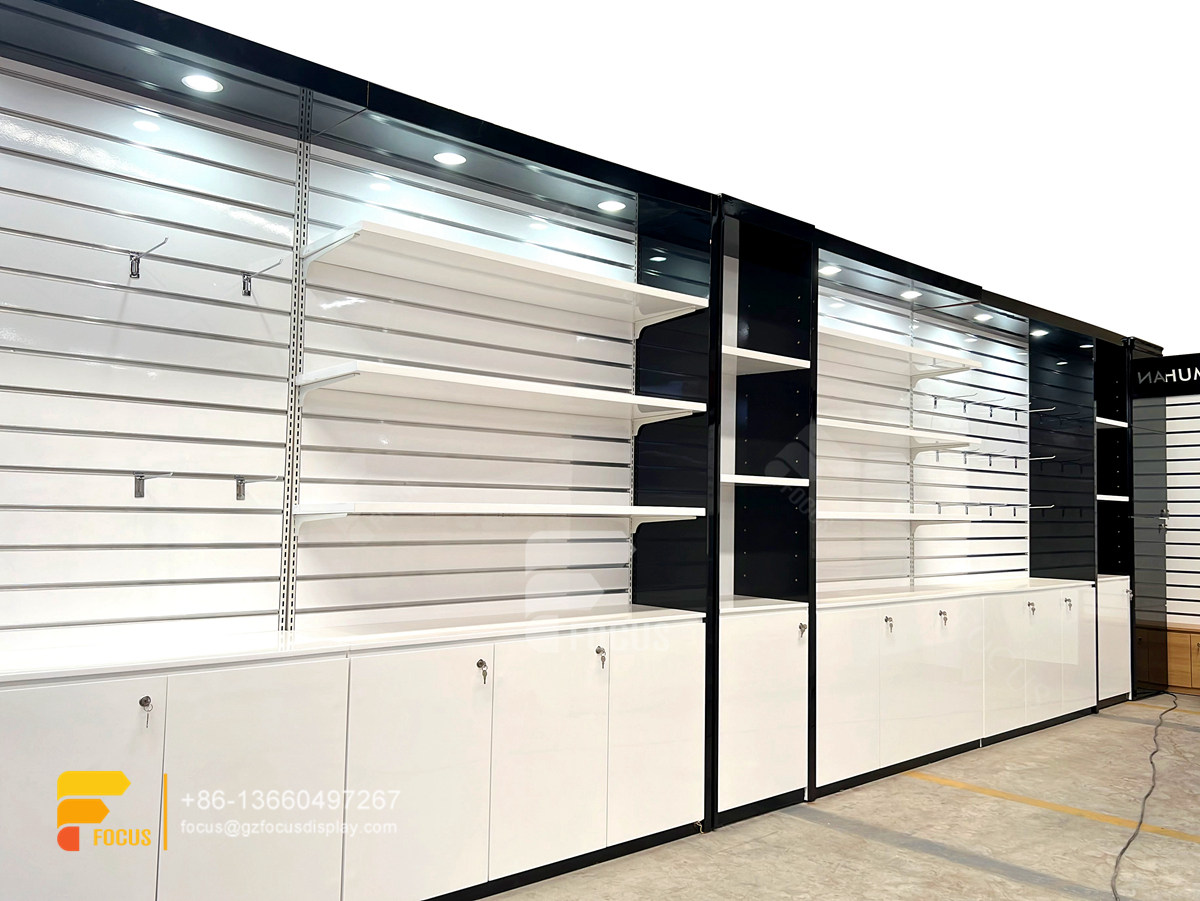 custom shop wigs hair display shelvesss slatwall cabinets