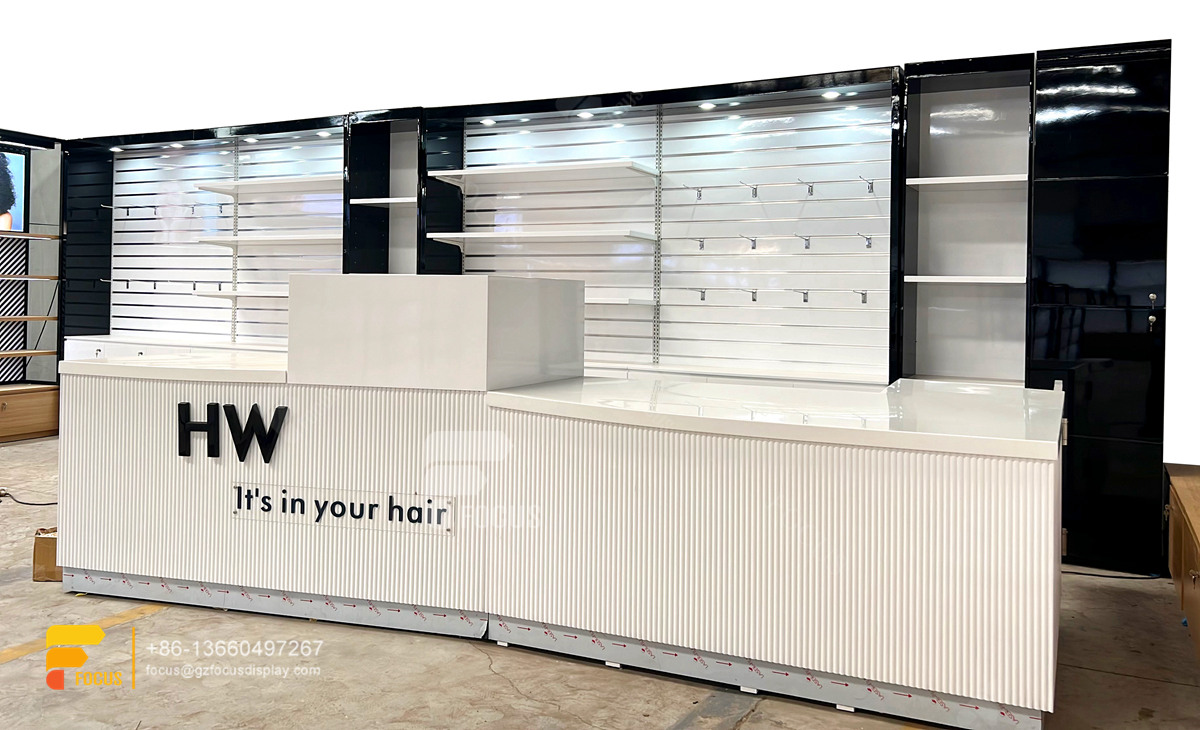custom shop wigs hair display shelvesss slatwall cabinets