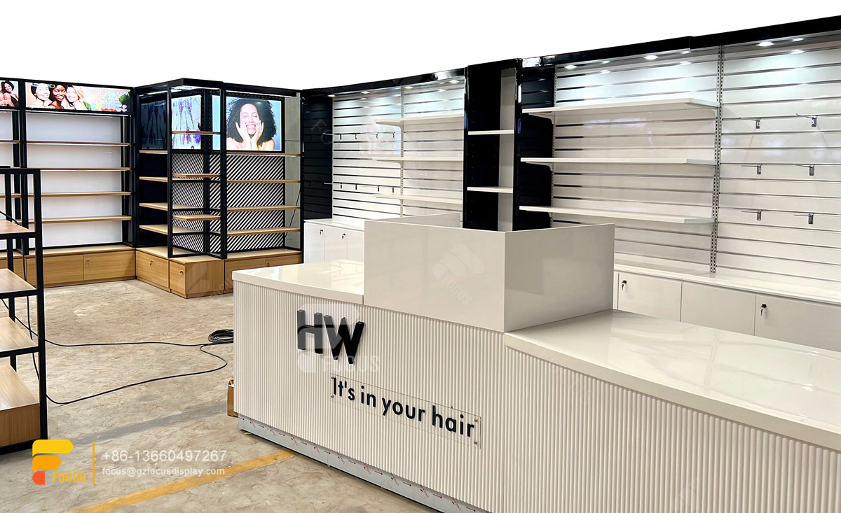 custom shop wigs hair display shelvesss slatwall cabinets