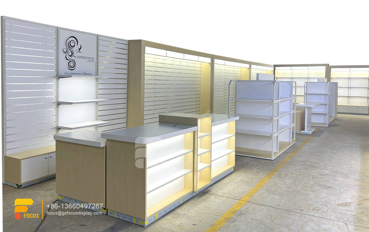 customized hair show case wig shelf custom slatwall