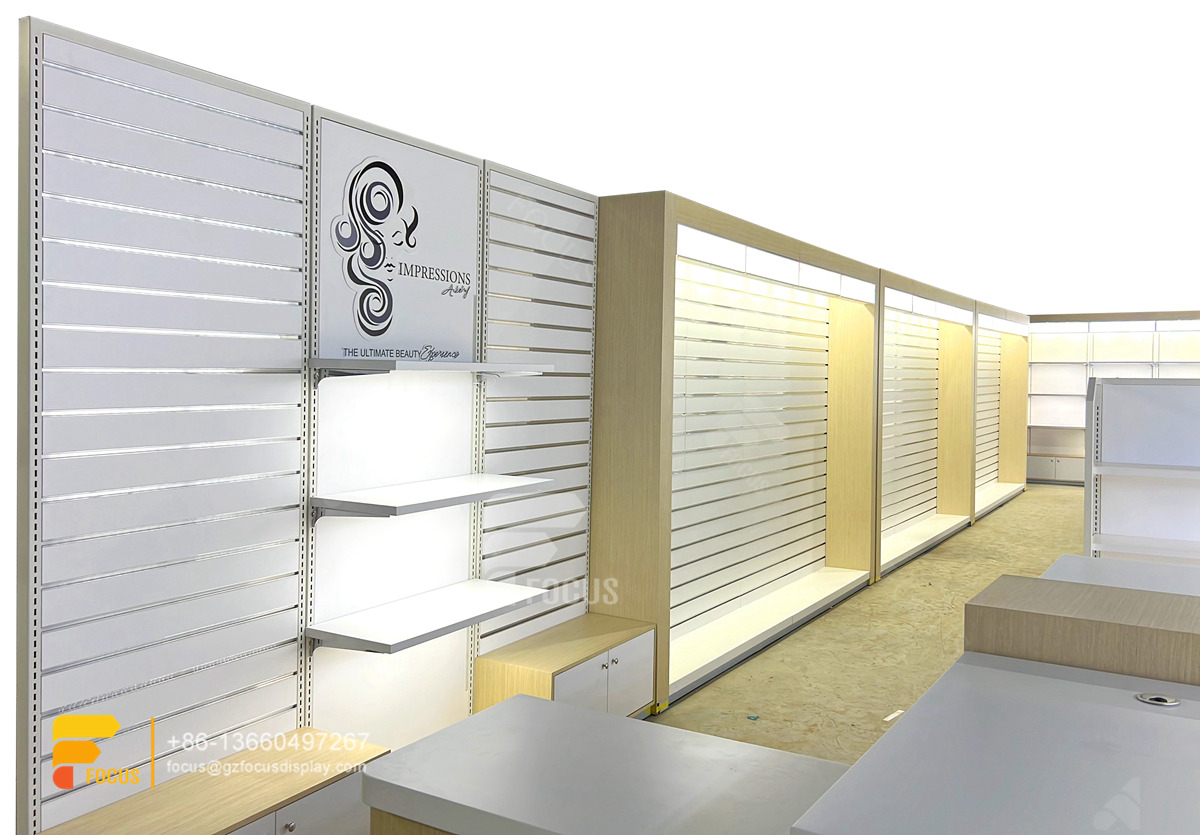 customized hair show case wig shelf custom slatwall