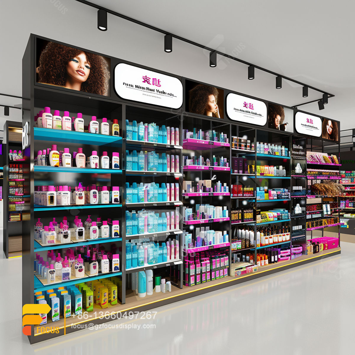hair care store design metal wig display hair beauty supply counter