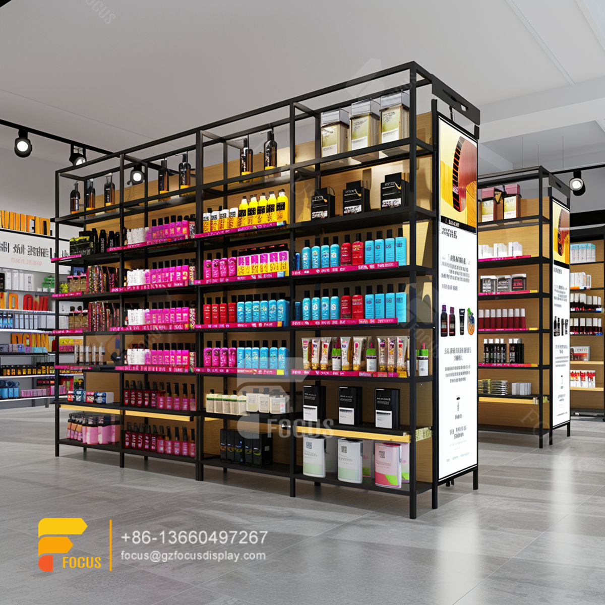 hair care store design metal wig display hair beauty supply counter