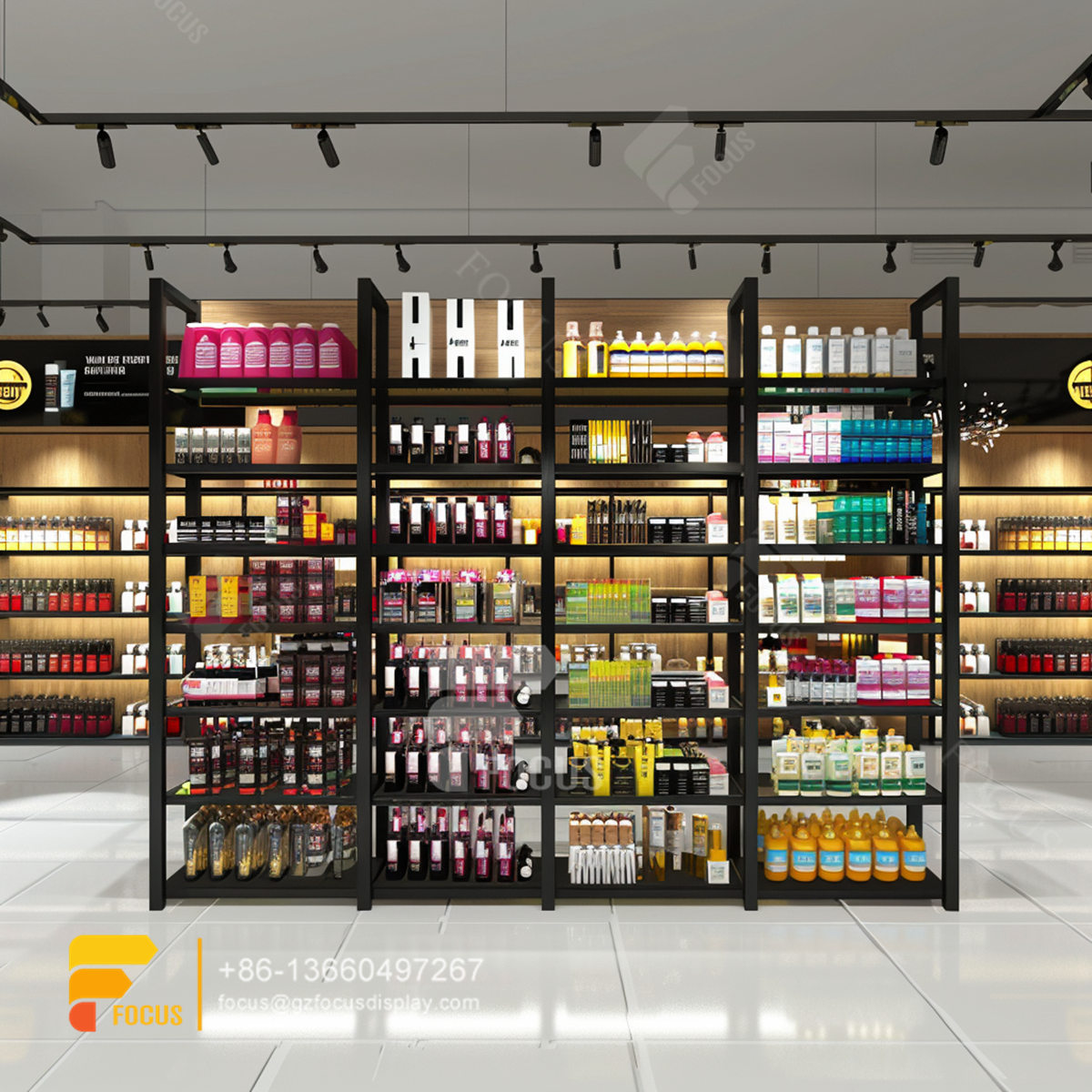 hair care store design metal wig display hair beauty supply counter