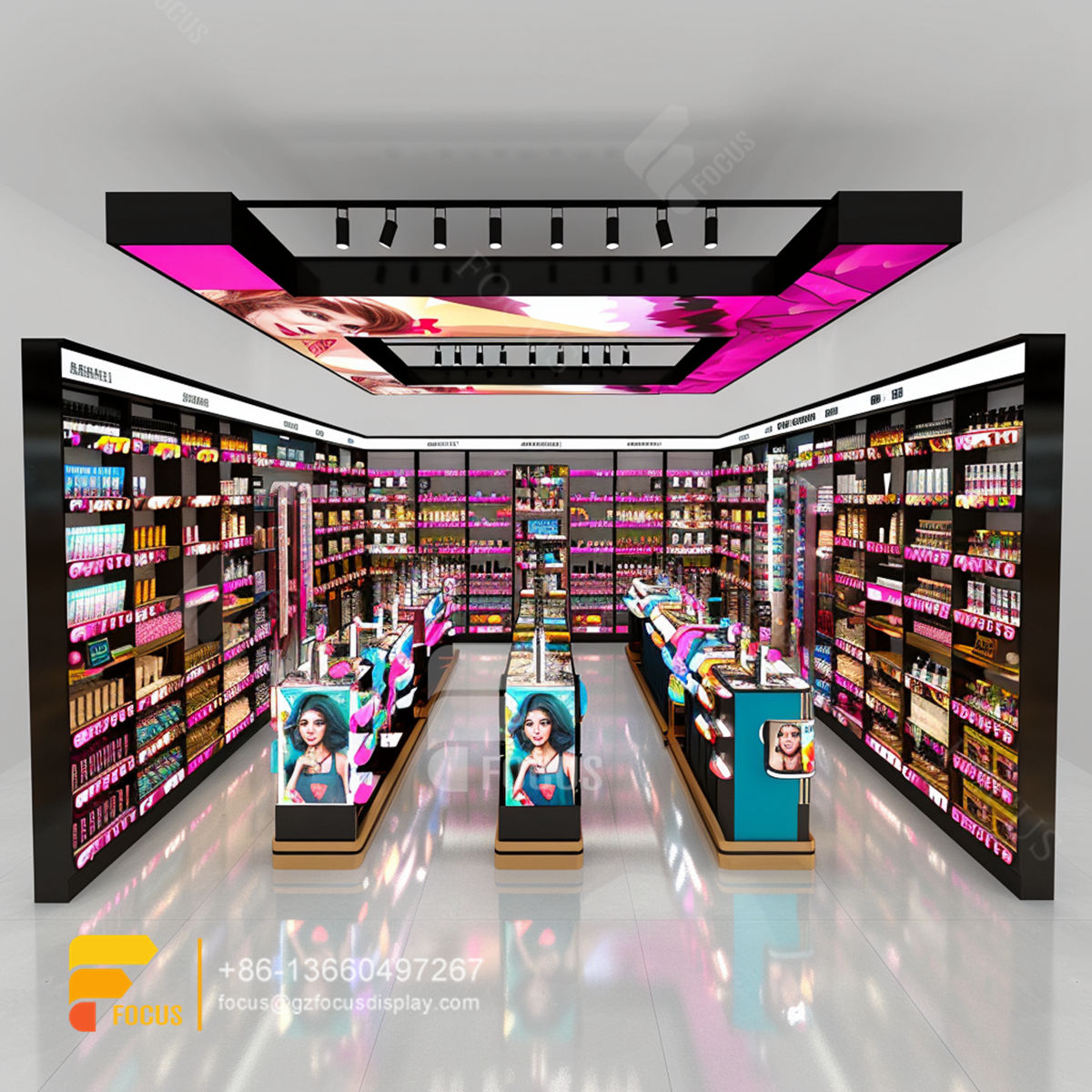 hair care store design metal wig display hair beauty supply counter