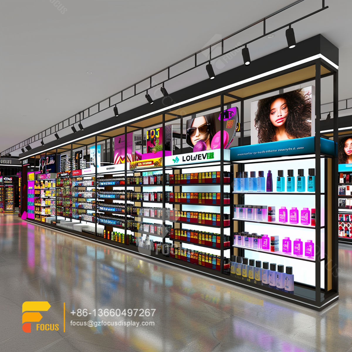 hair care store design metal wig display hair beauty supply counter
