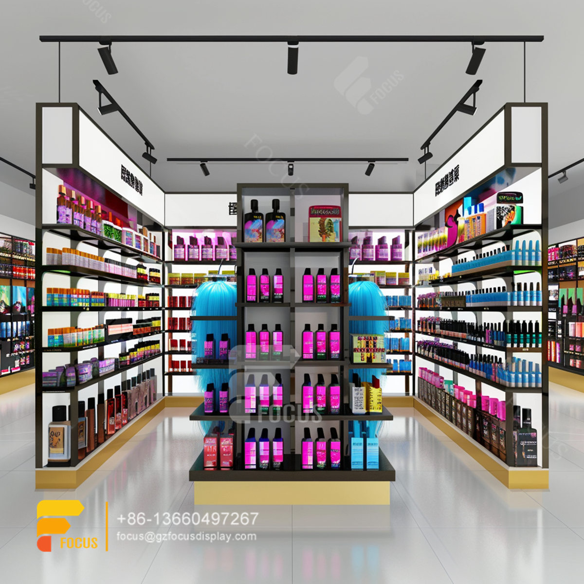 hair care store design metal wig display hair beauty supply counter