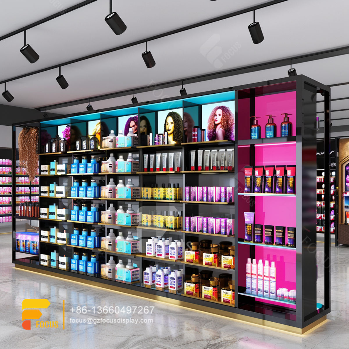 hair care store display wig wall shelf beauty shop counter