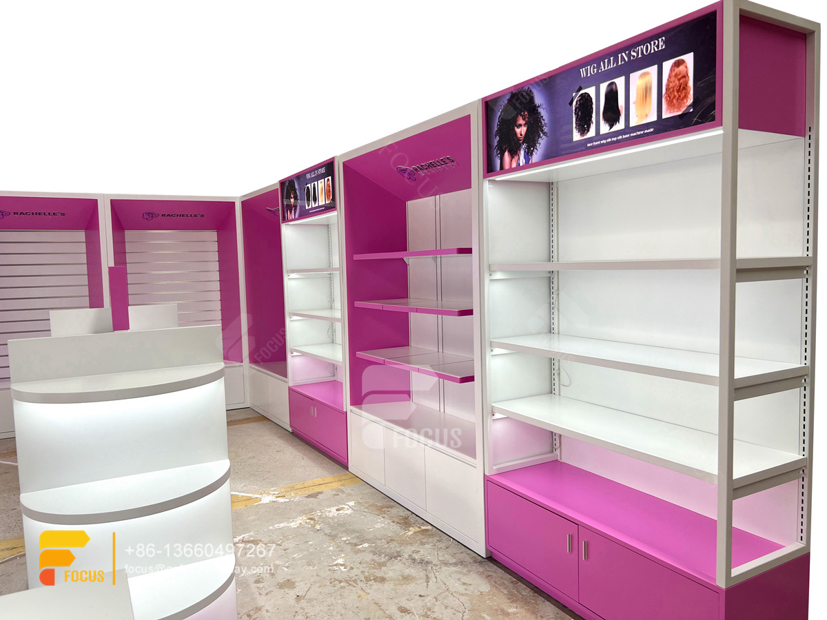 hair products display wig rack beauty supply store shelves