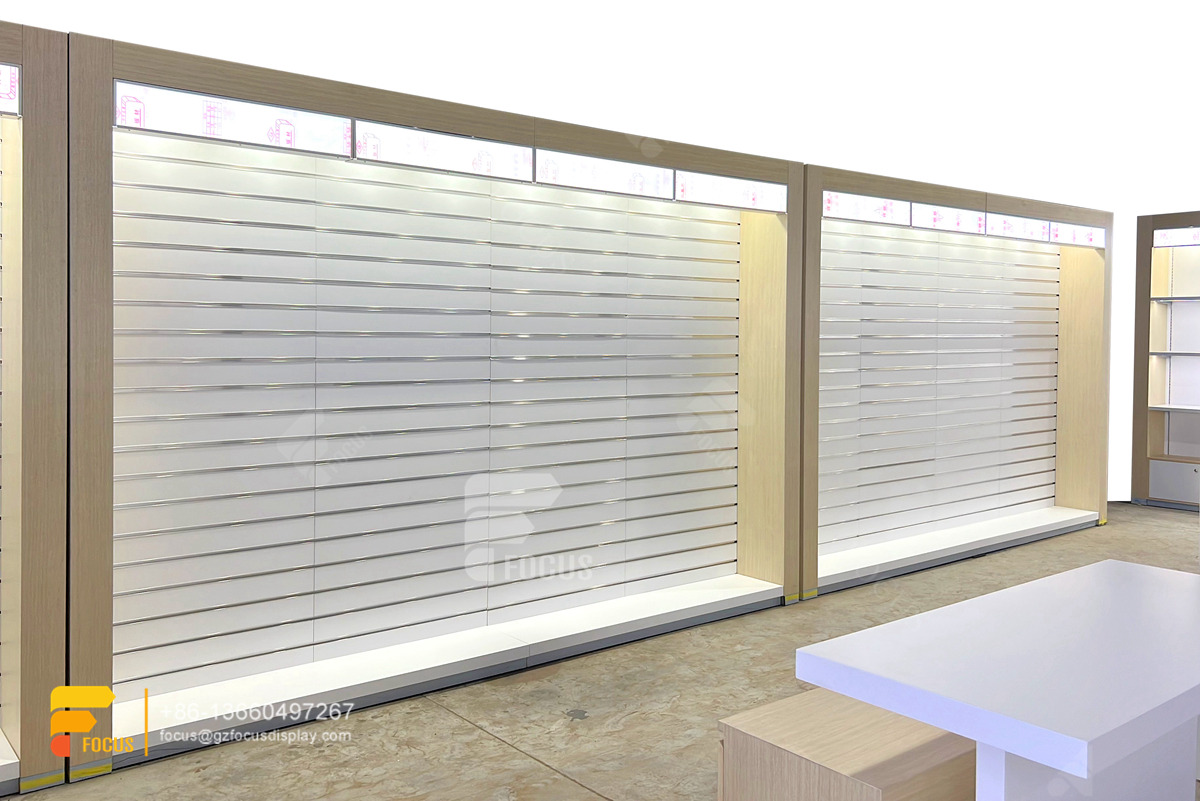 hair salon cabinet wig shelf display slatwall merchandiser