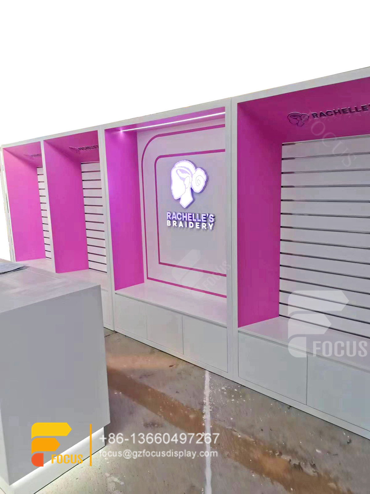 hair salon shelves wig station retail slatwall gondola display