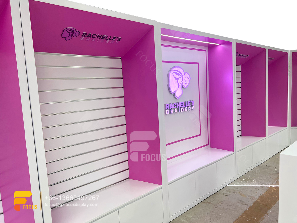 hair salon shelves wig station retail slatwall gondola display