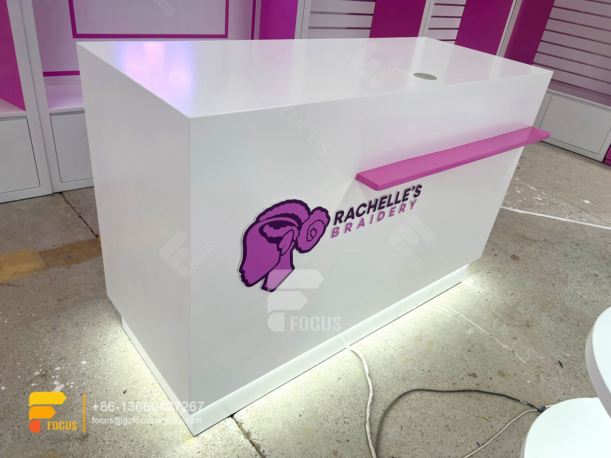 hair salon shelves wig station retail slatwall gondola display