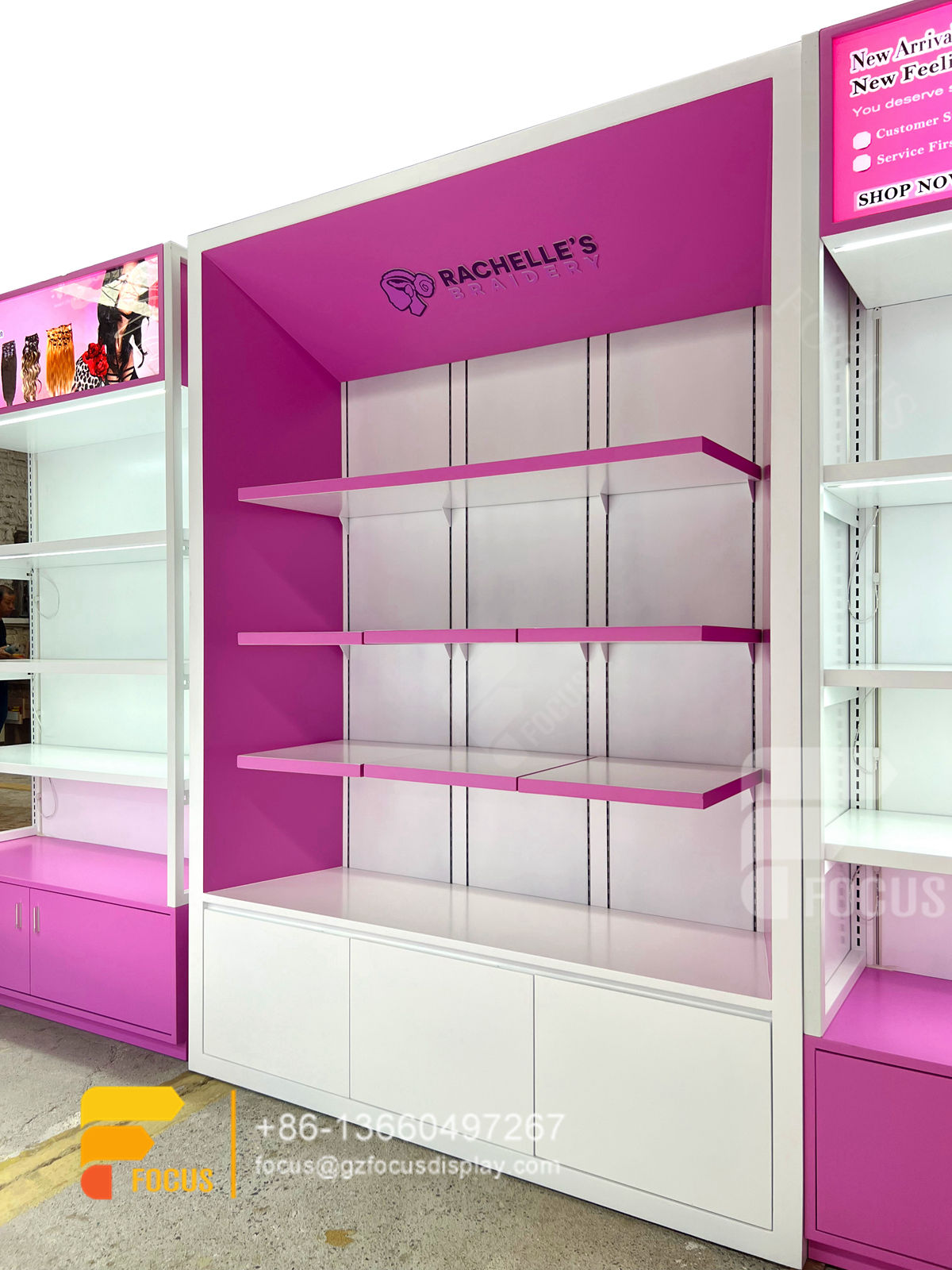 hair salon shelves wig station retail slatwall gondola display