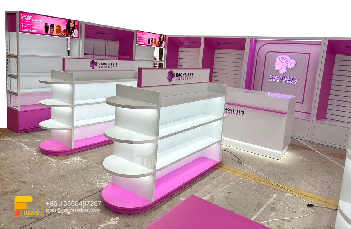 hair salon shelves wig station retail slatwall gondola display