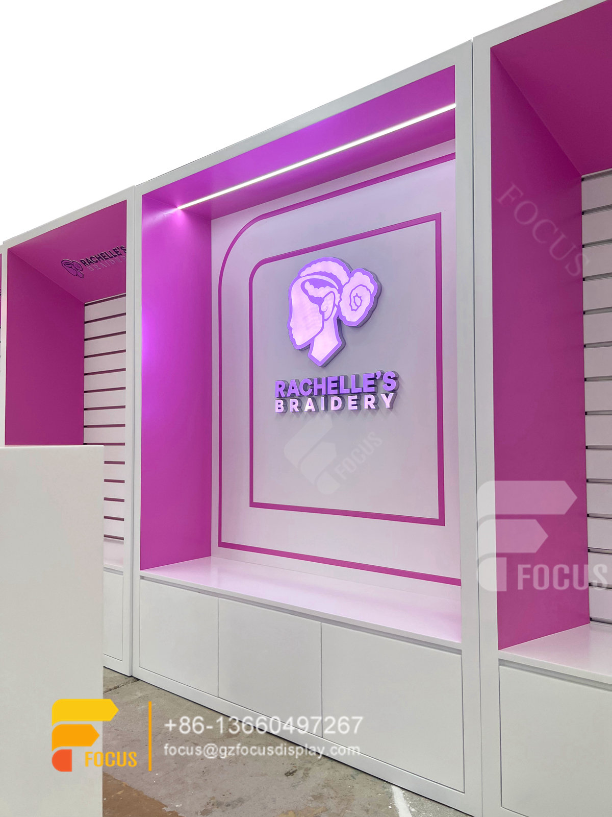hair salon shelves wig station retail slatwall gondola display