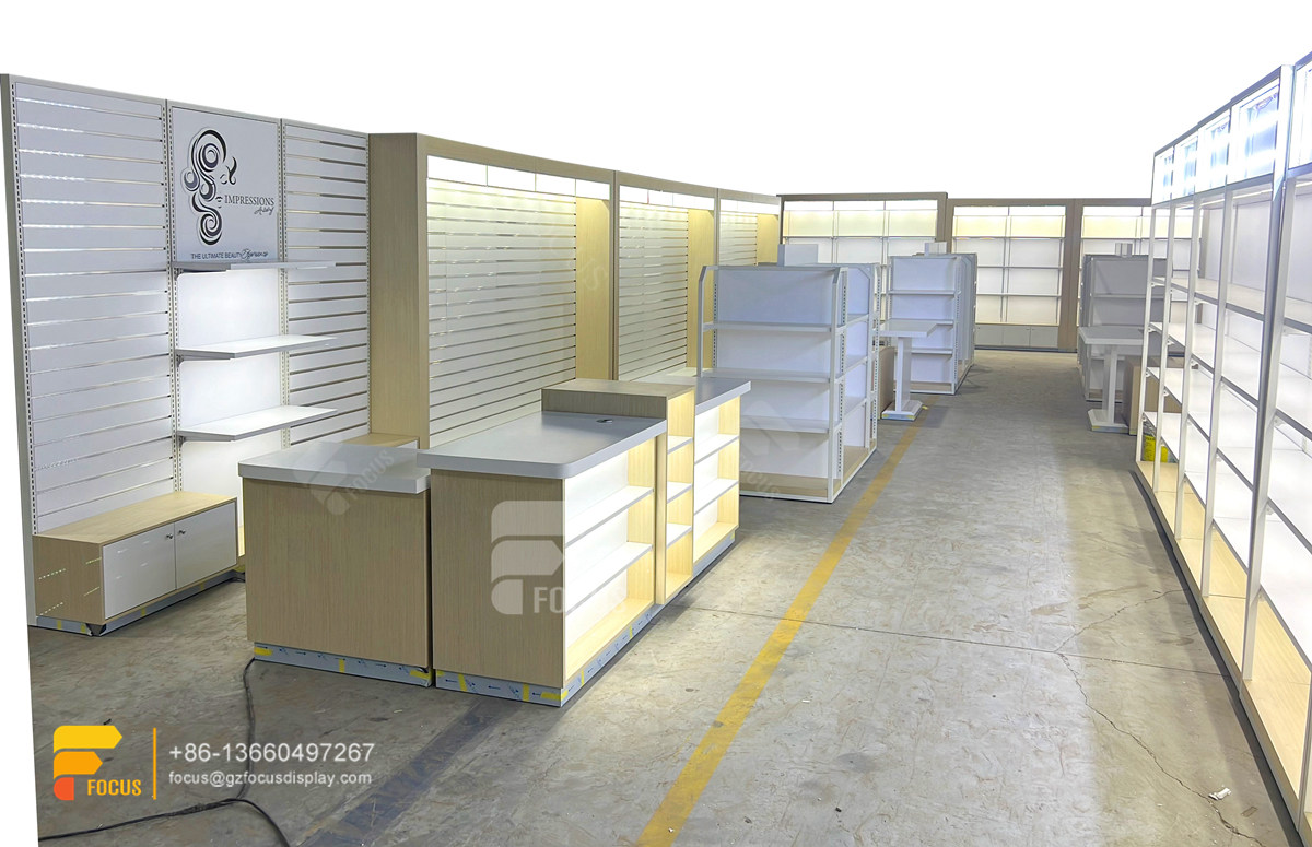 hair shop retail display wig shop decoration design slatwall cabinet