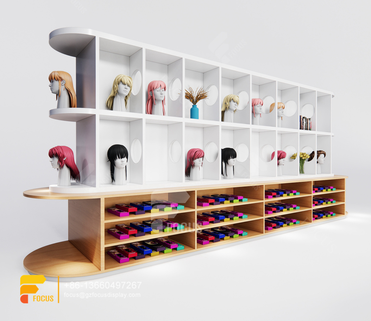 pink store beauty hair salon product shelves wig head wall display