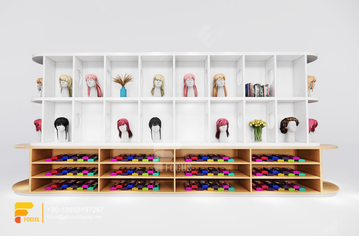 pink store beauty hair salon product shelves wig head wall display