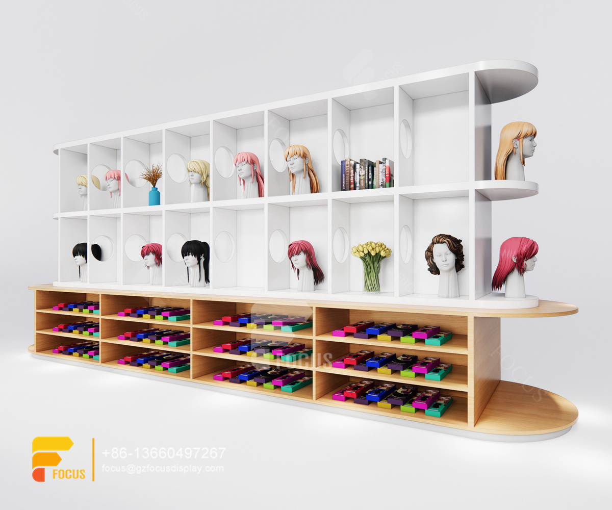 pink store beauty hair salon product shelves wig head wall display
