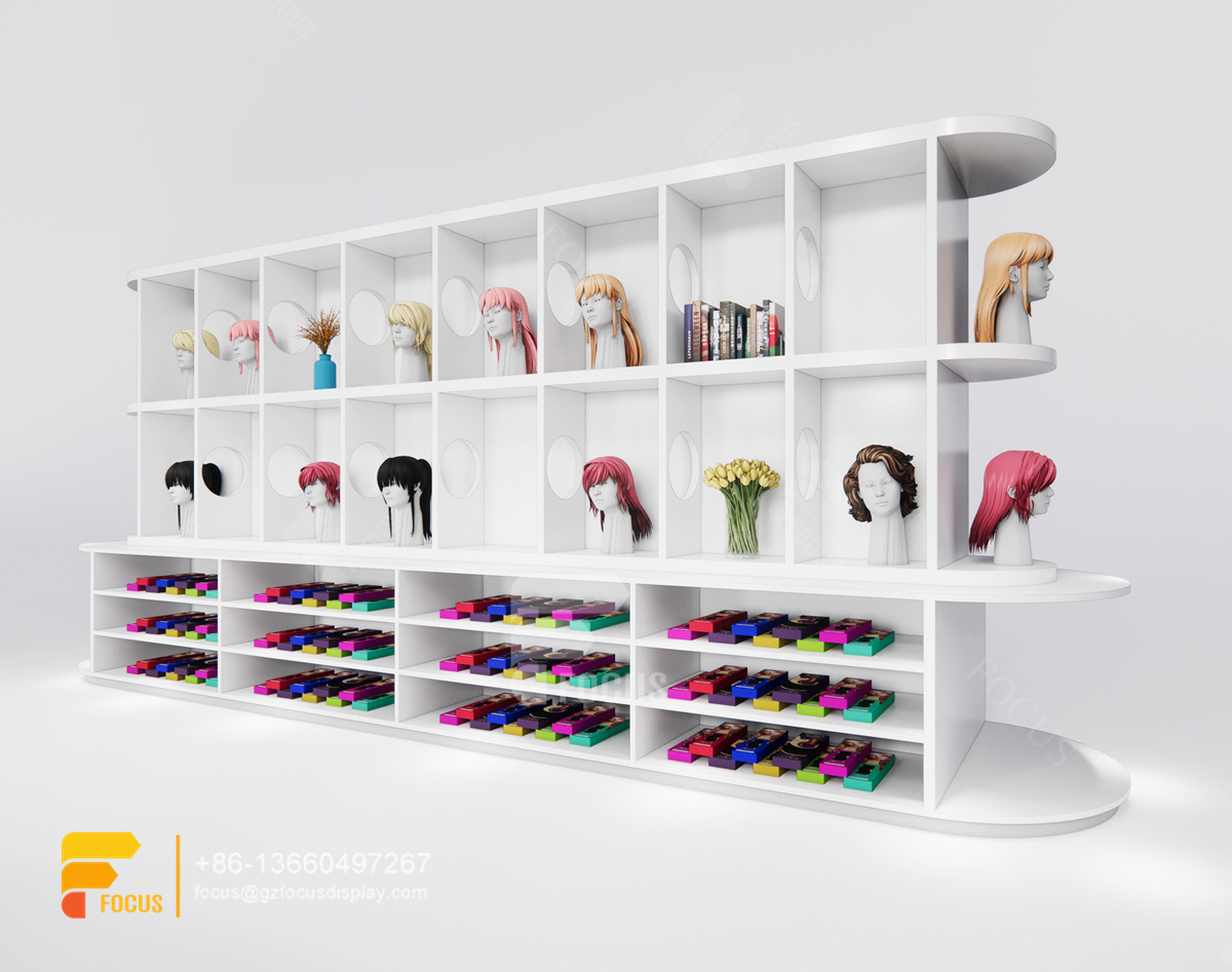 pink store beauty hair salon product shelves wig head wall display