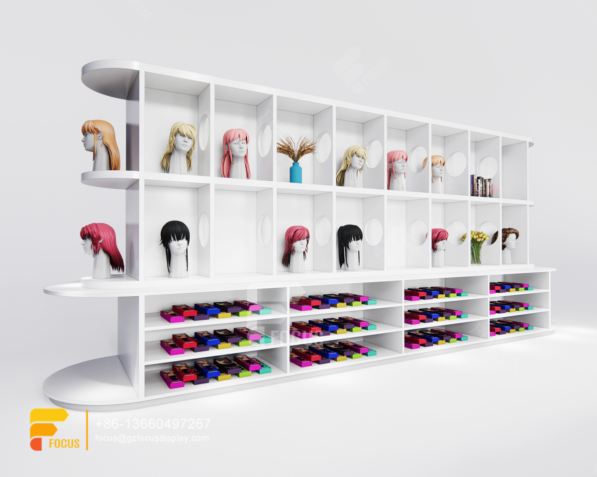 pink store beauty hair salon product shelves wig head wall display