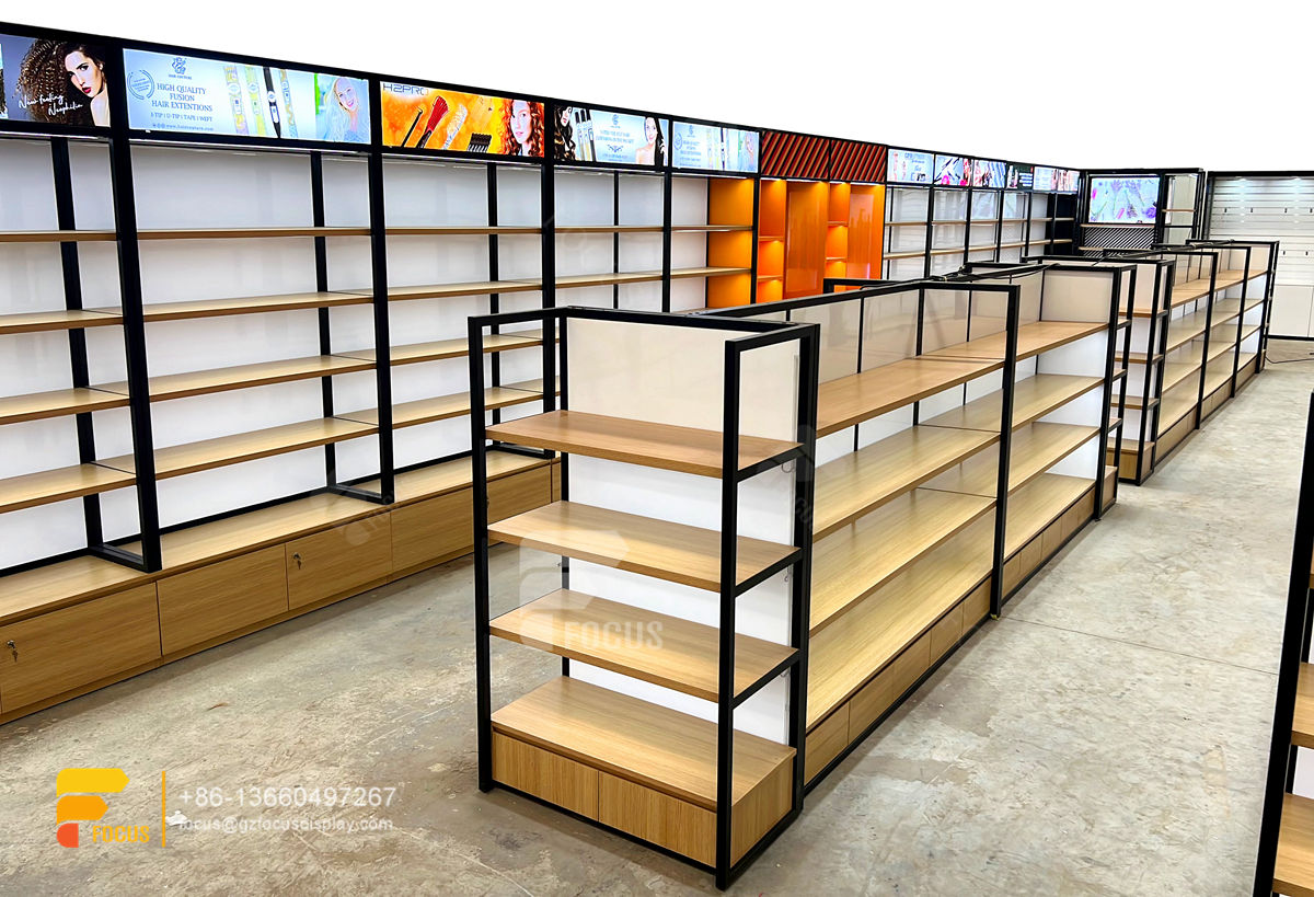 wig store shelving hair shop display salon glass cabinet