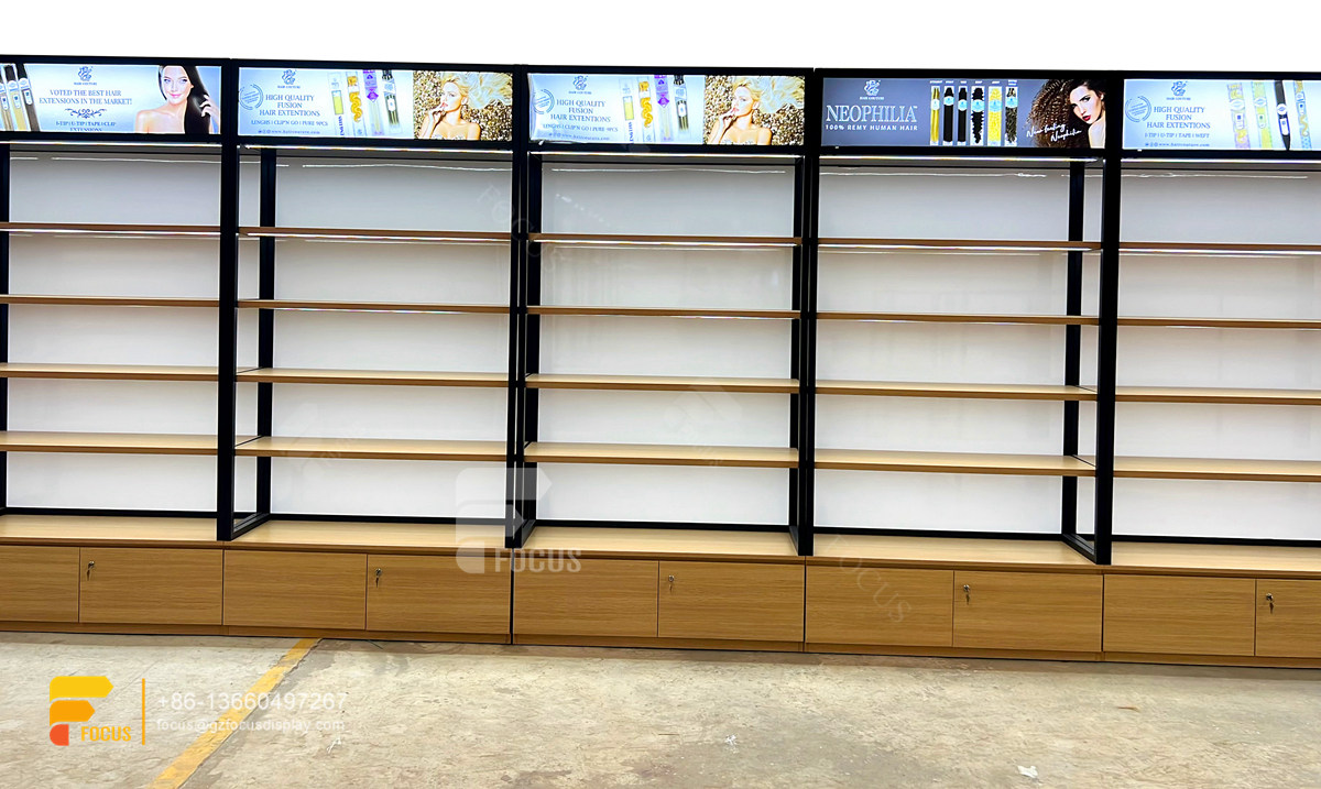 wig store shelving hair shop display salon glass cabinet
