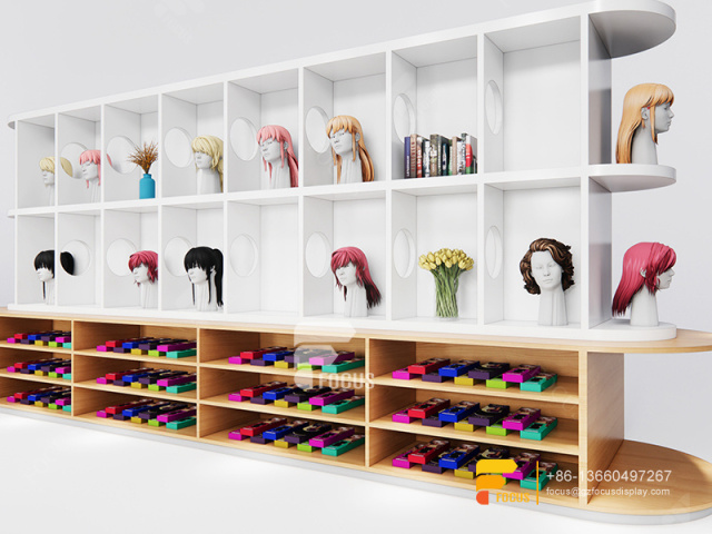 Pink Store Beauty Hair Salon Product Shelves Wig Head Wall Display