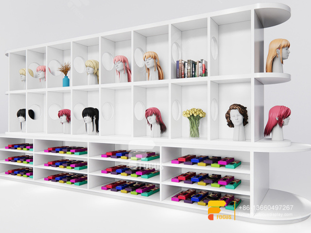 Pink Store Beauty Hair Salon Product Shelves Wig Head Wall Display