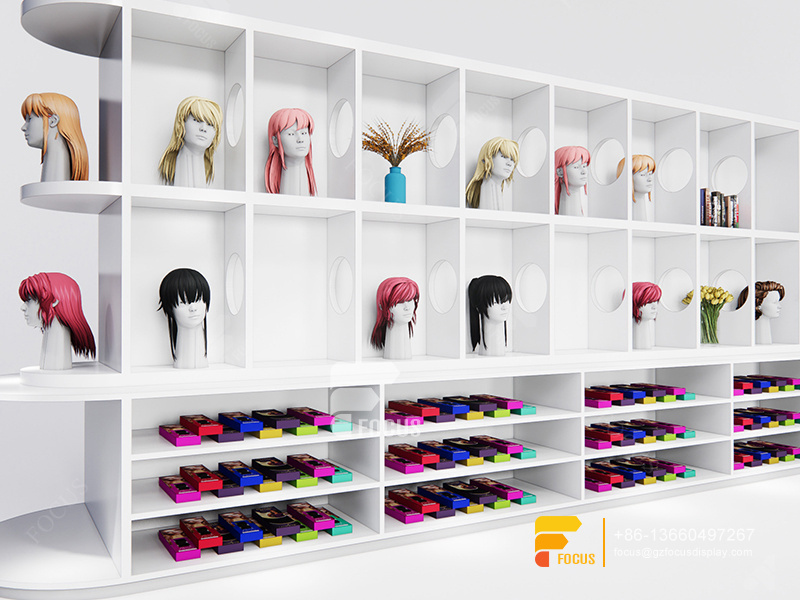 Pink Store Beauty Hair Salon Product Shelves Wig Head Wall Display