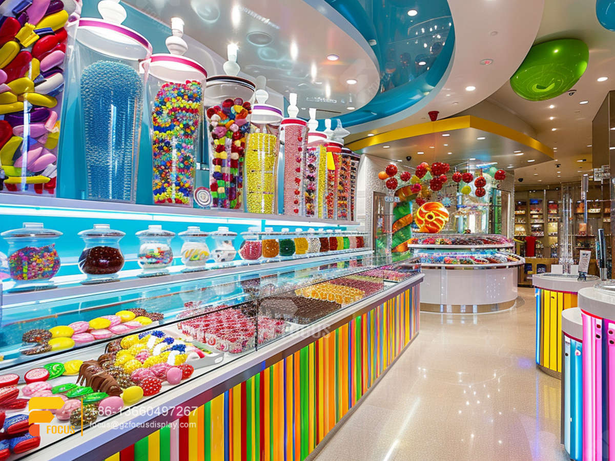 candy stand snack display shelves chocolate glass counter