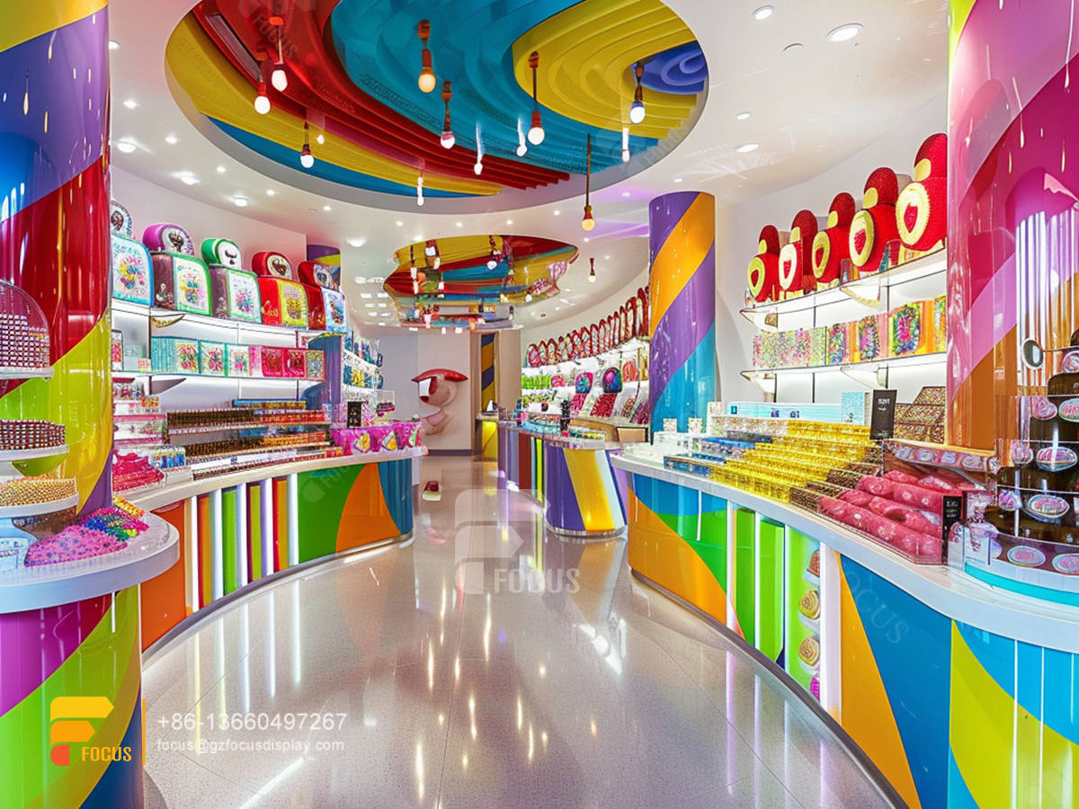candy stand snack display shelves chocolate glass counter