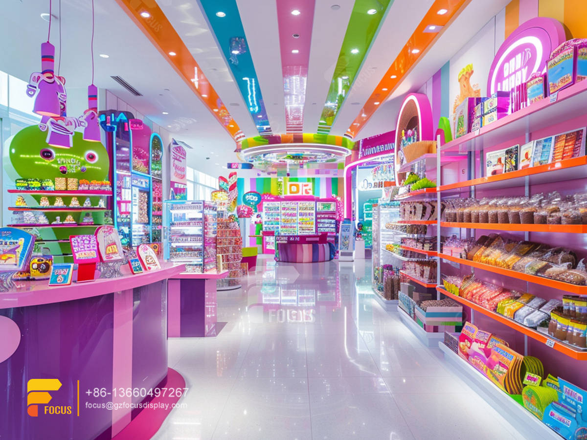 candy store layout design snack display shelves chocolate glass counter