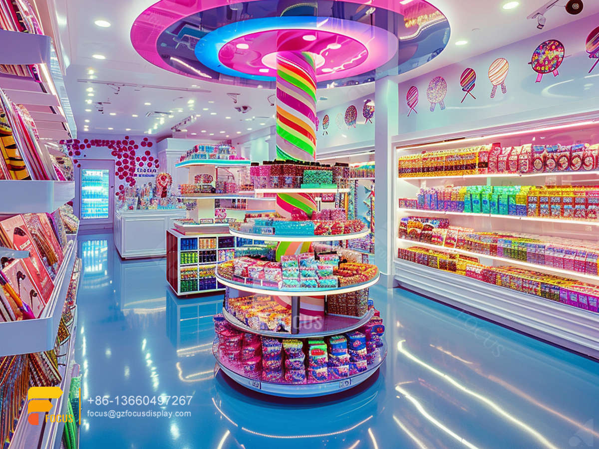 candy store layout design snack display shelves chocolate glass counter