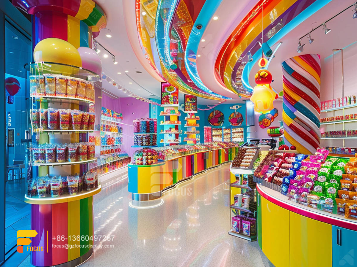 candy store stand snack display shelf chocolate store