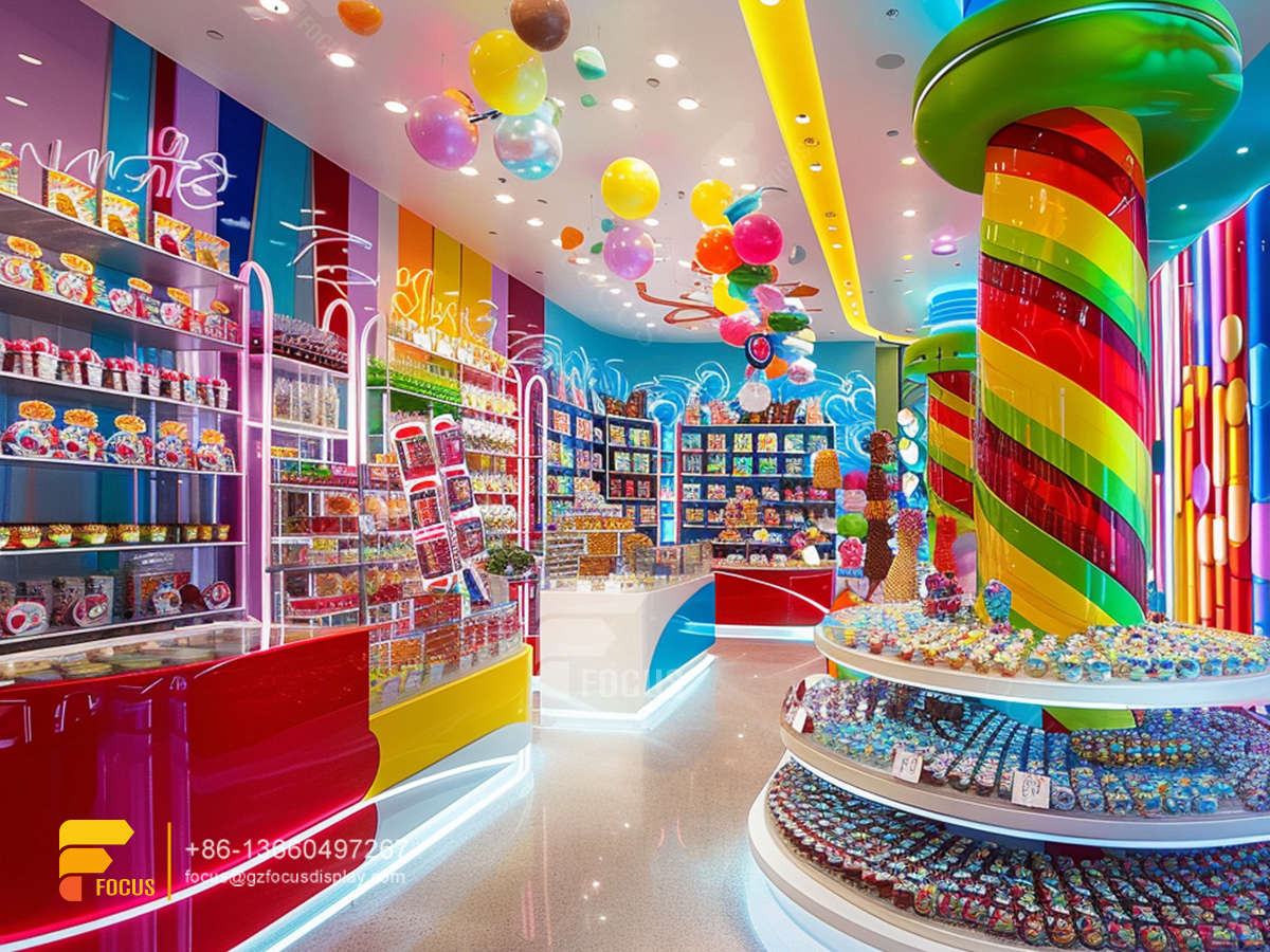 candy store stand snack display shelf chocolate store