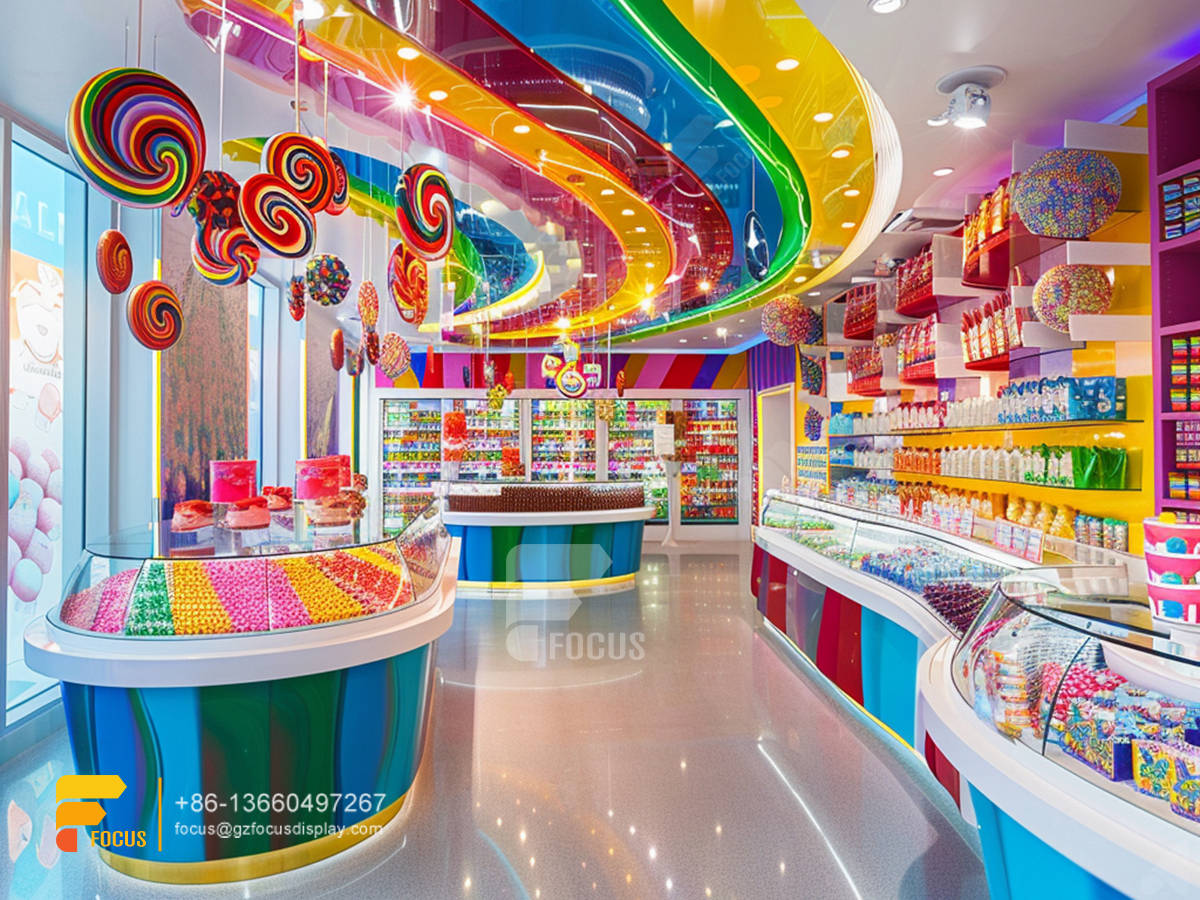 sweet shop shelves chocolate display stand snack counter