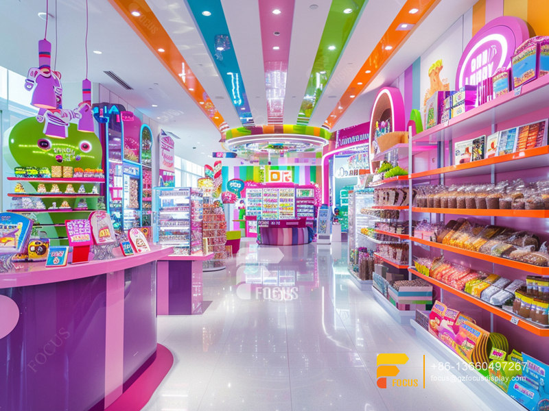 Candy Store Layout Design Snack Display Shelves Chocolate Glass Counter