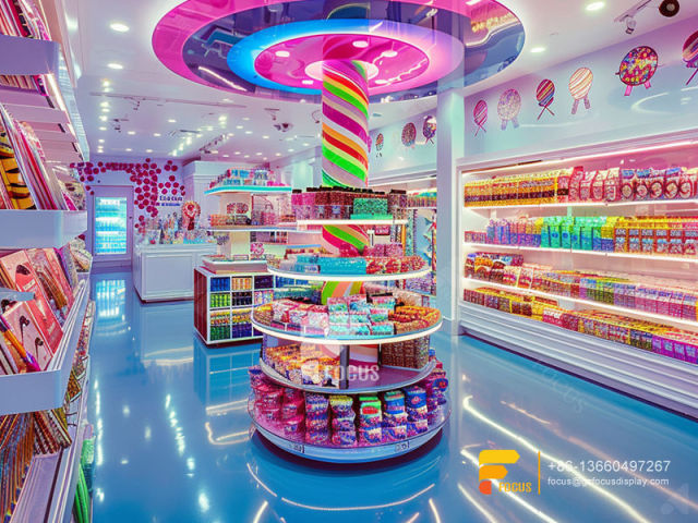Candy Store Layout Design Snack Display Shelves Chocolate Glass Counter
