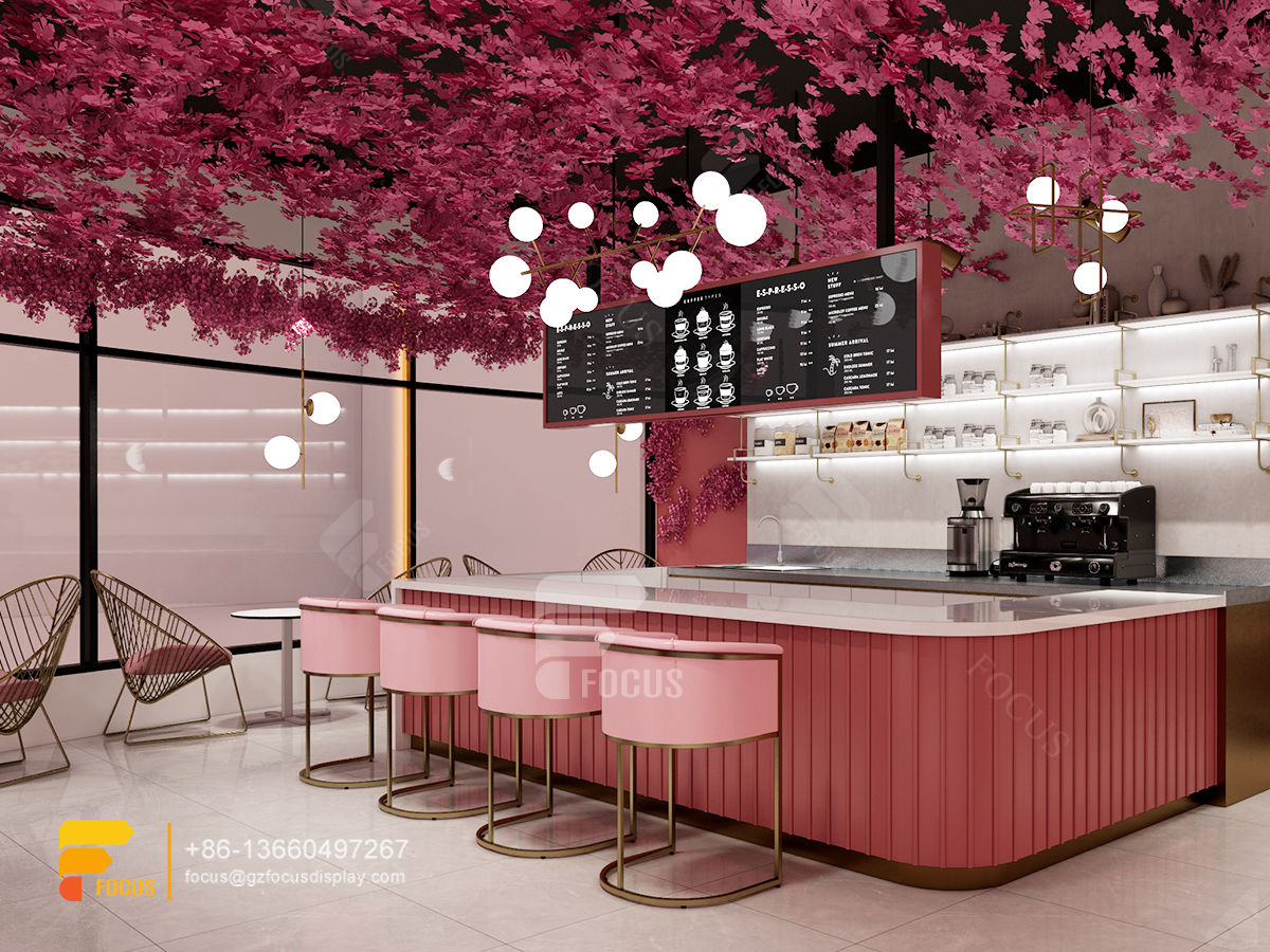 pink modern design cafe serving counter milk tea layout design