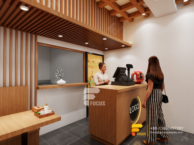 Wood Coffee Shop Design Cashier Counter Milk Tea Interior Design