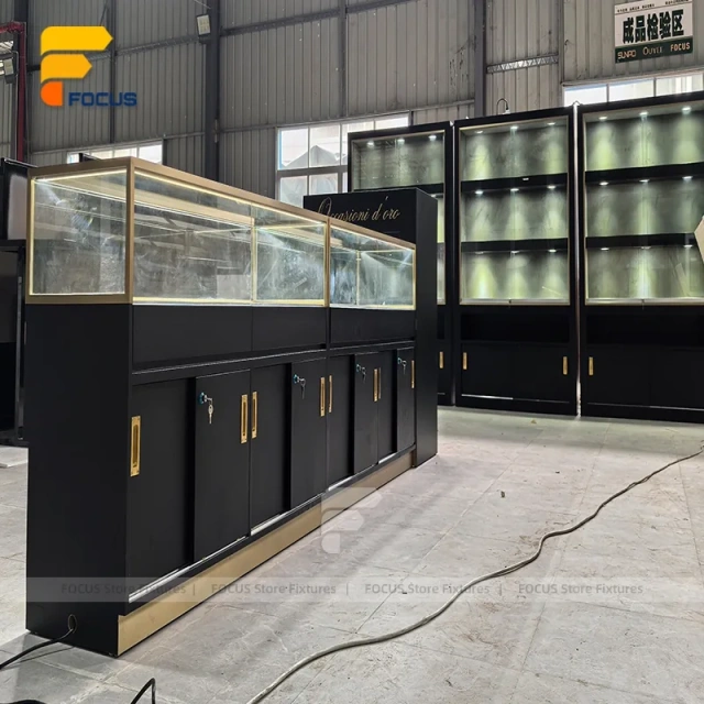 Custom Black Base Jewelry Glass Showcase Wall