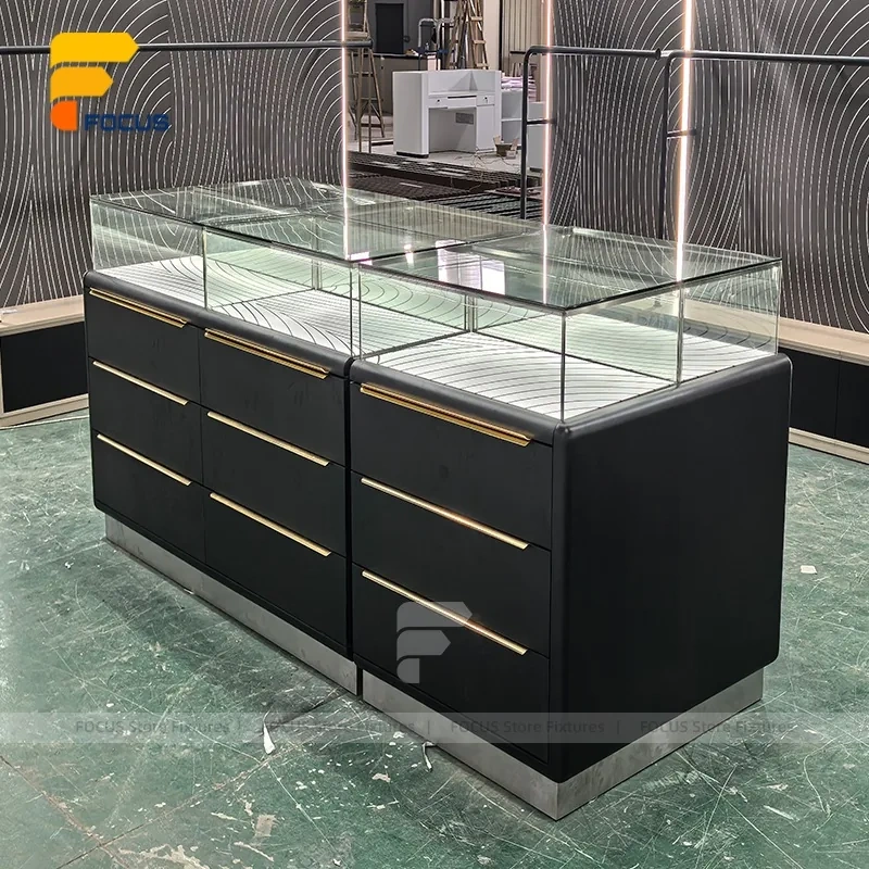 Custom Black Base Square Glass Showcase Island