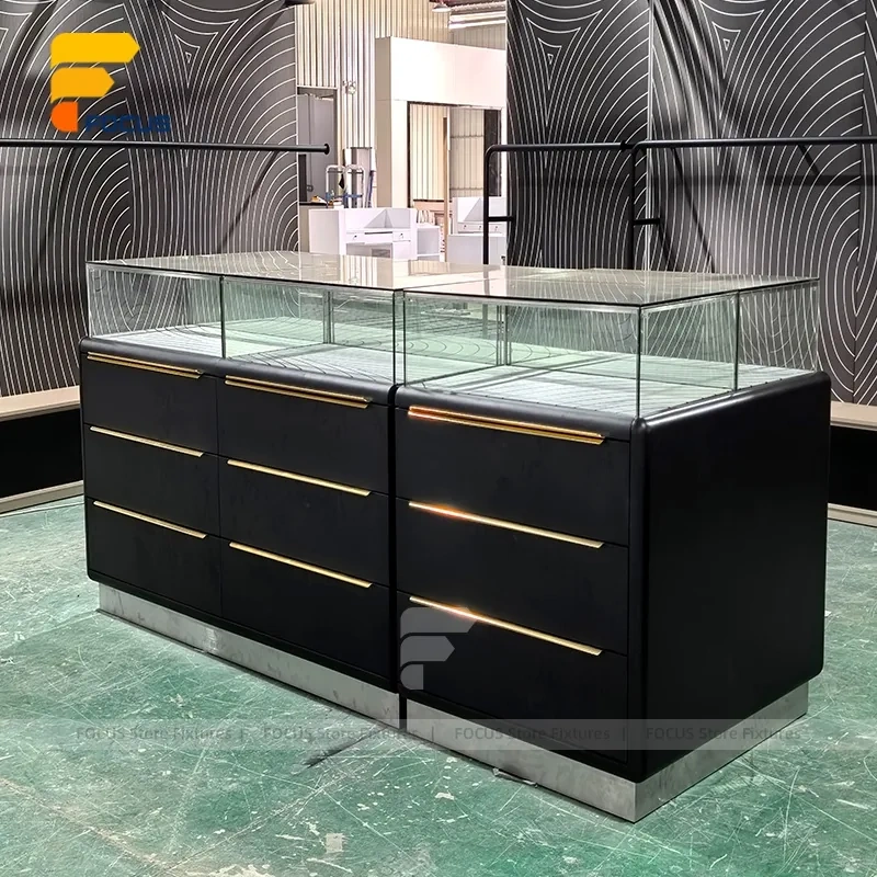 Custom Black Base Square Glass Showcase Island