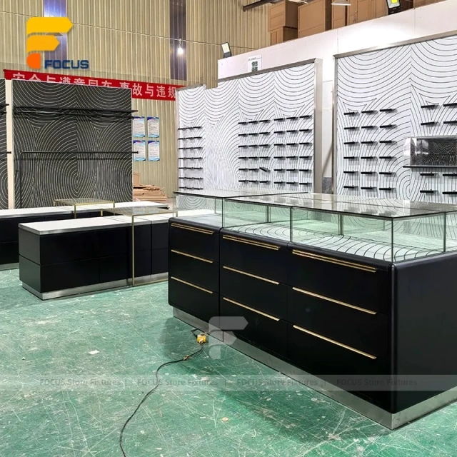 Custom Black Base Square Glass Showcase Island
