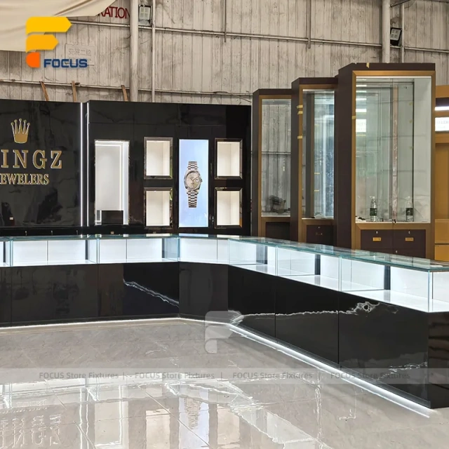Custom Black Counter and Wall Display Cabinet Set